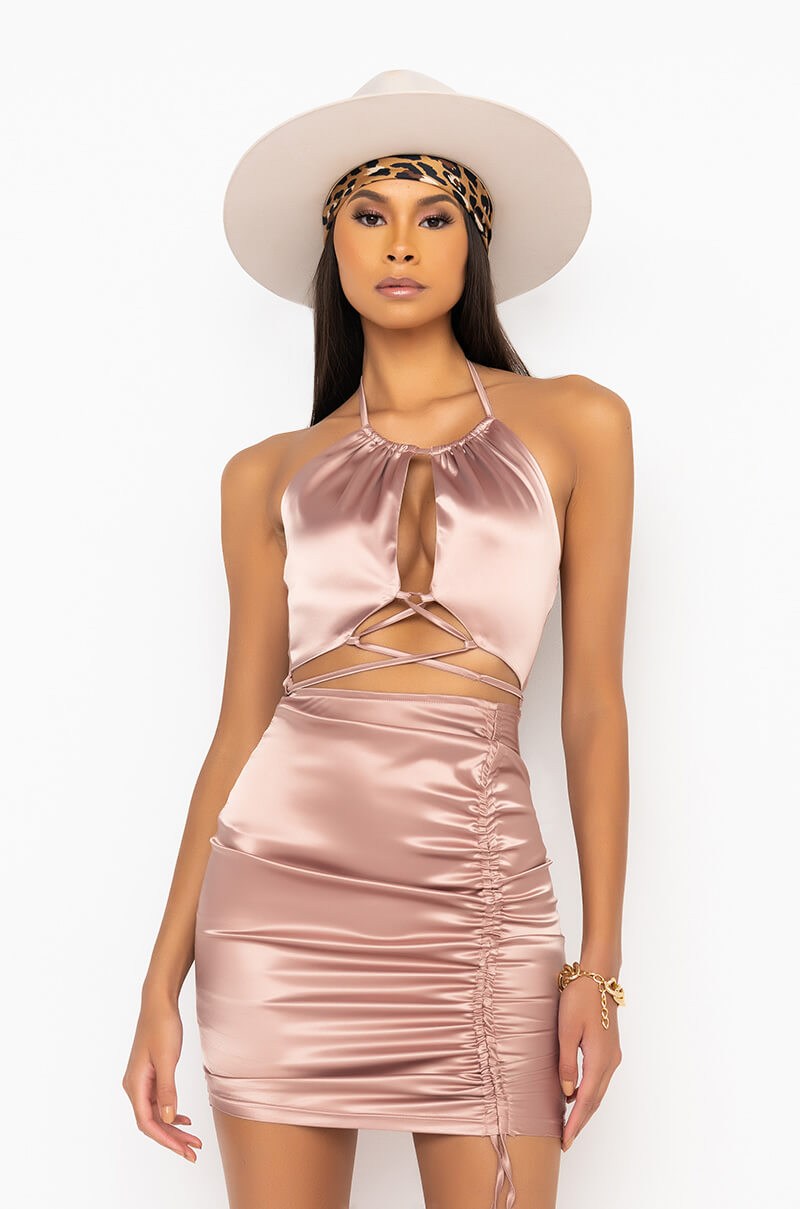 50 SHADES OF SLAY LACE UP SATIN RUCHED MINI DRESS TAN