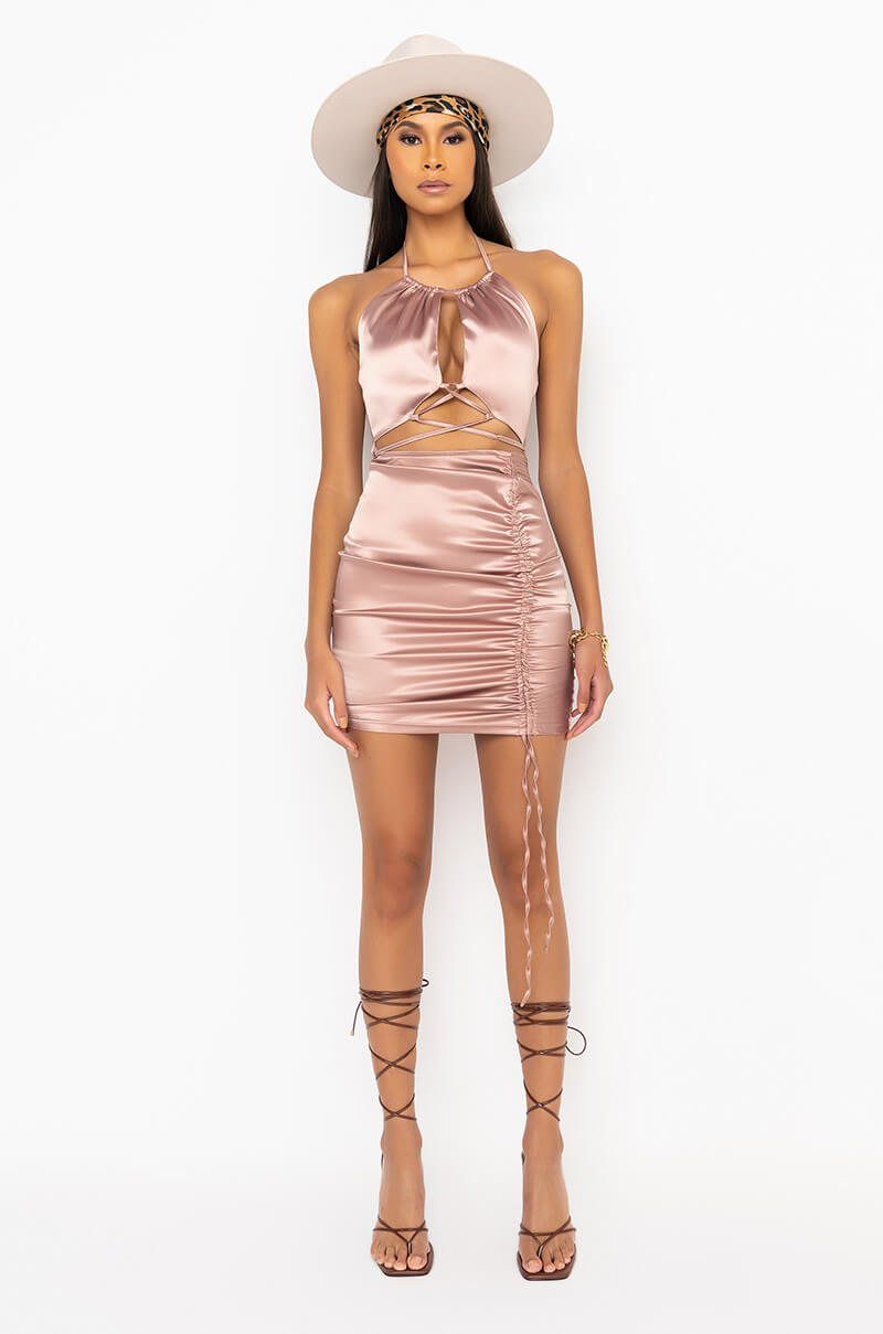 50 SHADES OF SLAY LACE UP SATIN RUCHED MINI DRESS TAN