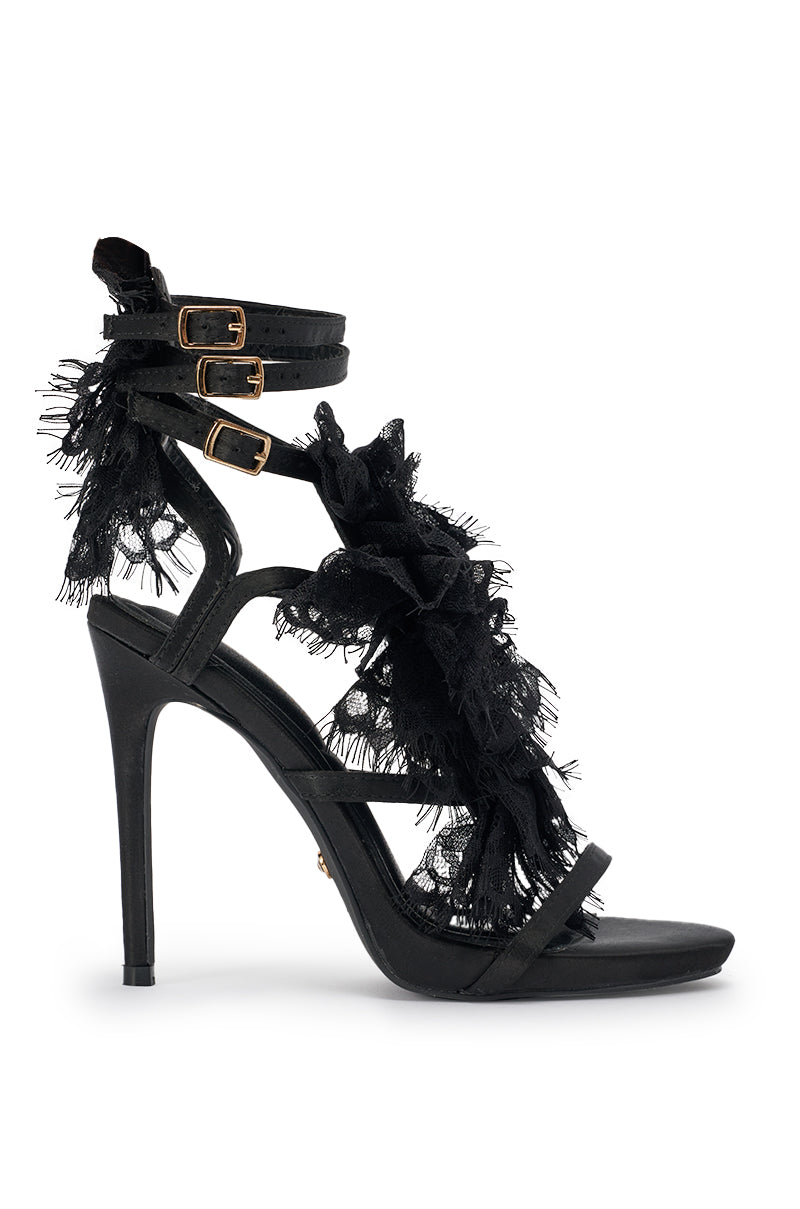 AKIRA GOLD BARRISTER BLACK LACE DETAIL STILETTO SANDAL
