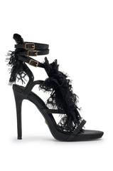 AKIRA GOLD BARRISTER BLACK LACE DETAIL STILETTO SANDAL