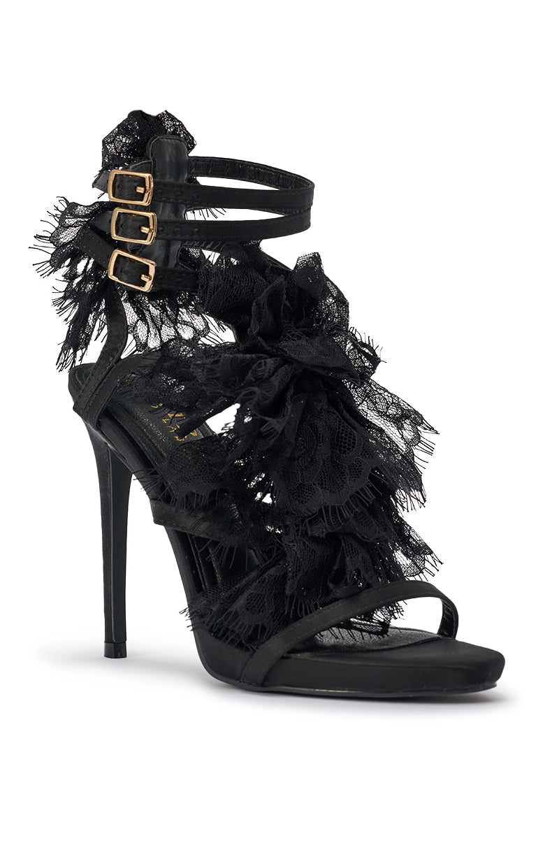 AKIRA GOLD BARRISTER BLACK LACE DETAIL STILETTO SANDAL