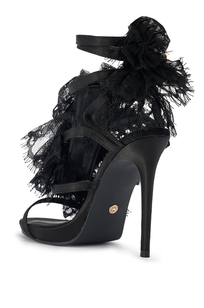 AKIRA GOLD BARRISTER BLACK LACE DETAIL STILETTO SANDAL