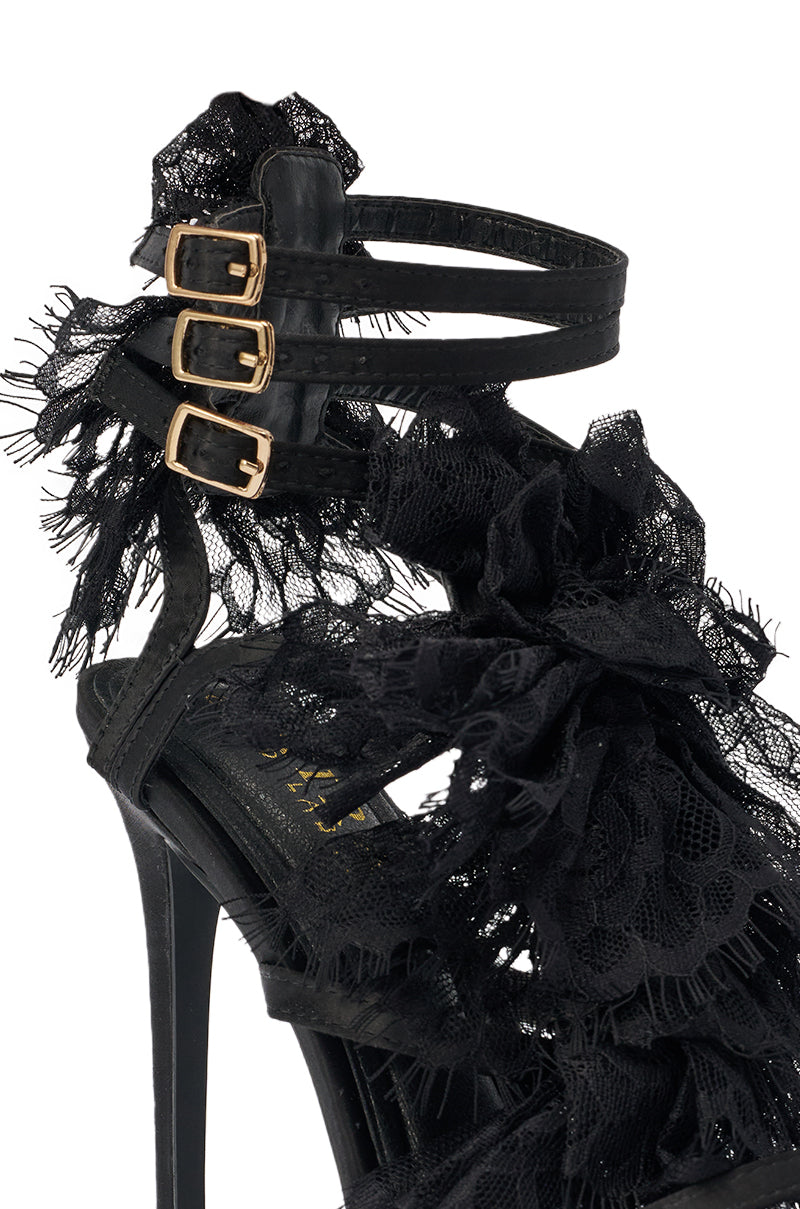 AKIRA GOLD BARRISTER BLACK LACE DETAIL STILETTO SANDAL