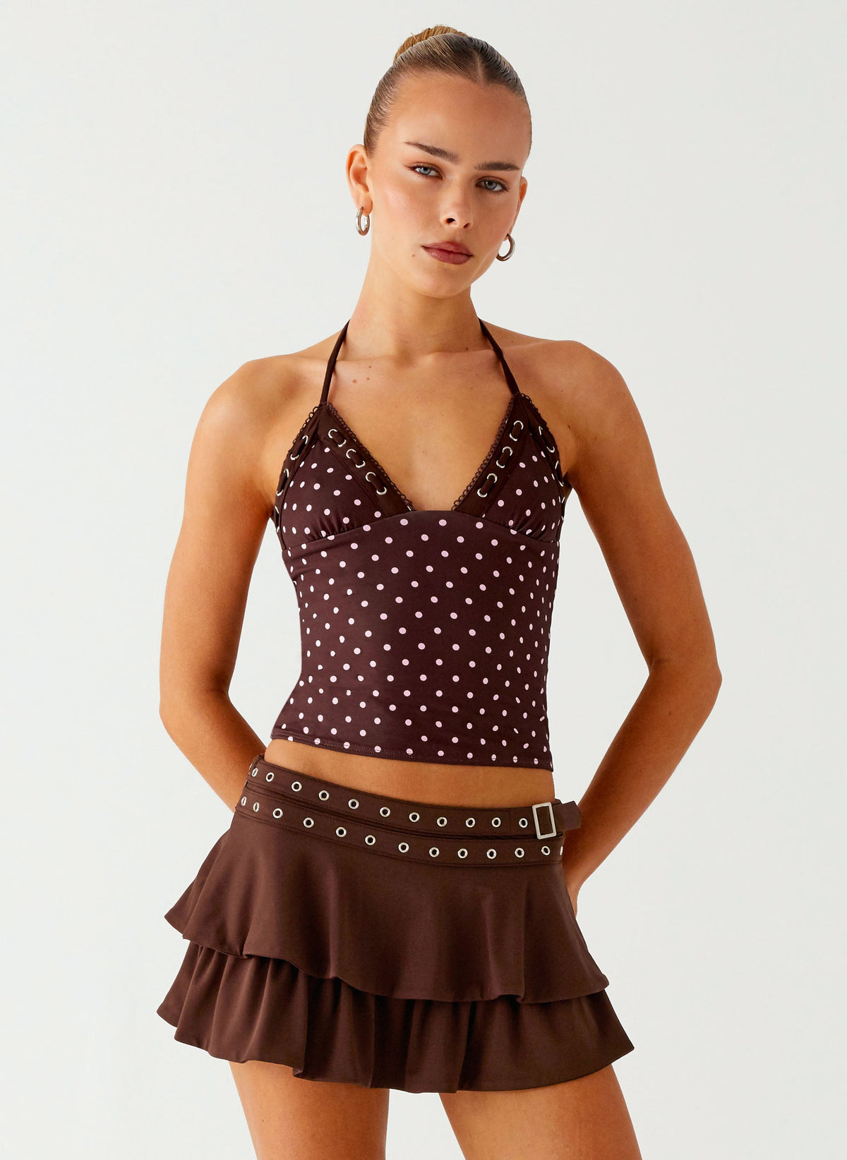 Bahama Eyelet Lace Up Top - Chocolate Strawberry Dot