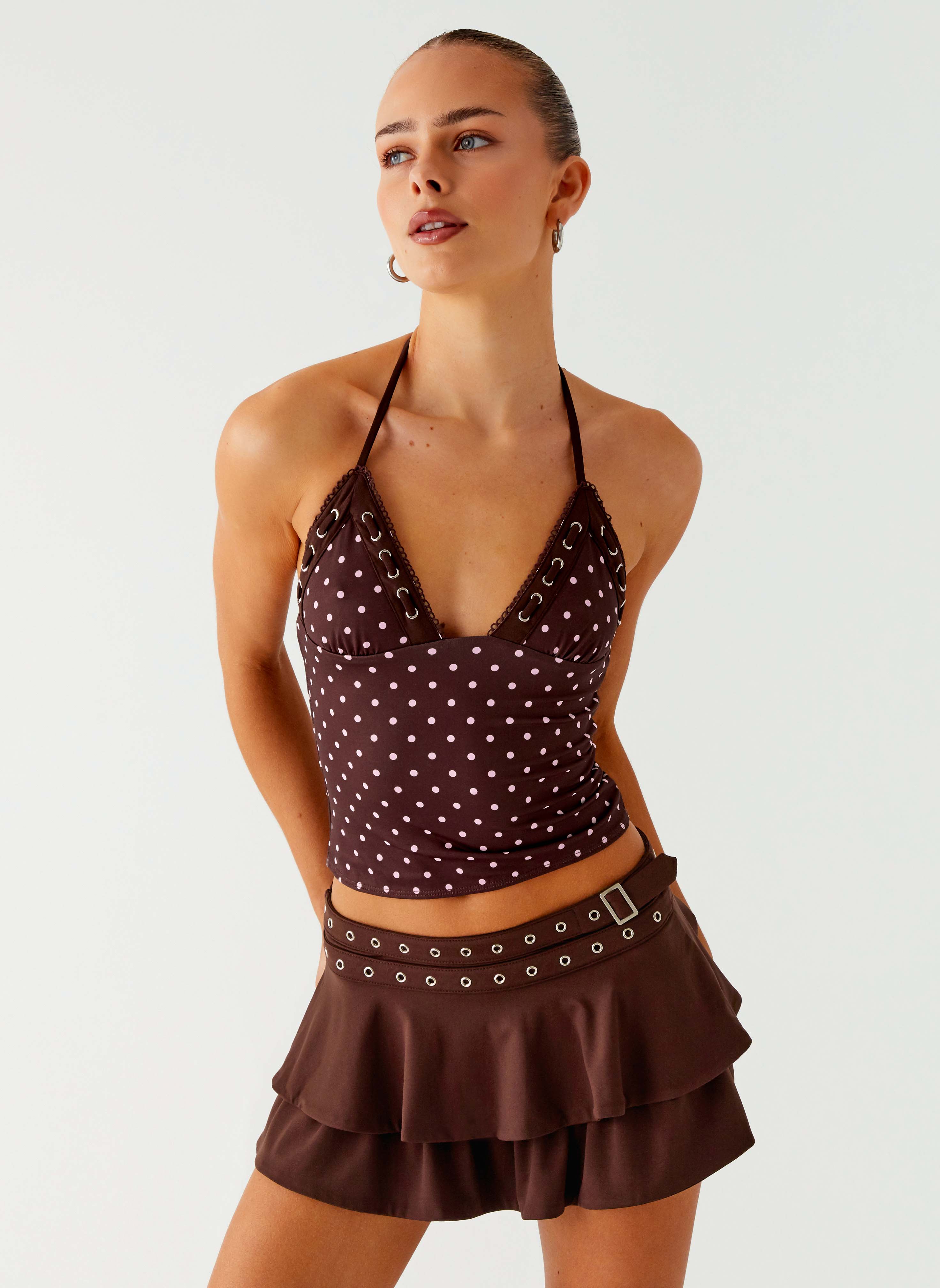 Bahama Eyelet Lace Up Top - Chocolate Strawberry Dot