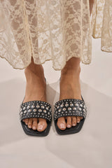 AKIRA DEVORA BLACK HARDWARE EMBELLISHED FLAT SLIP ON SANDAL