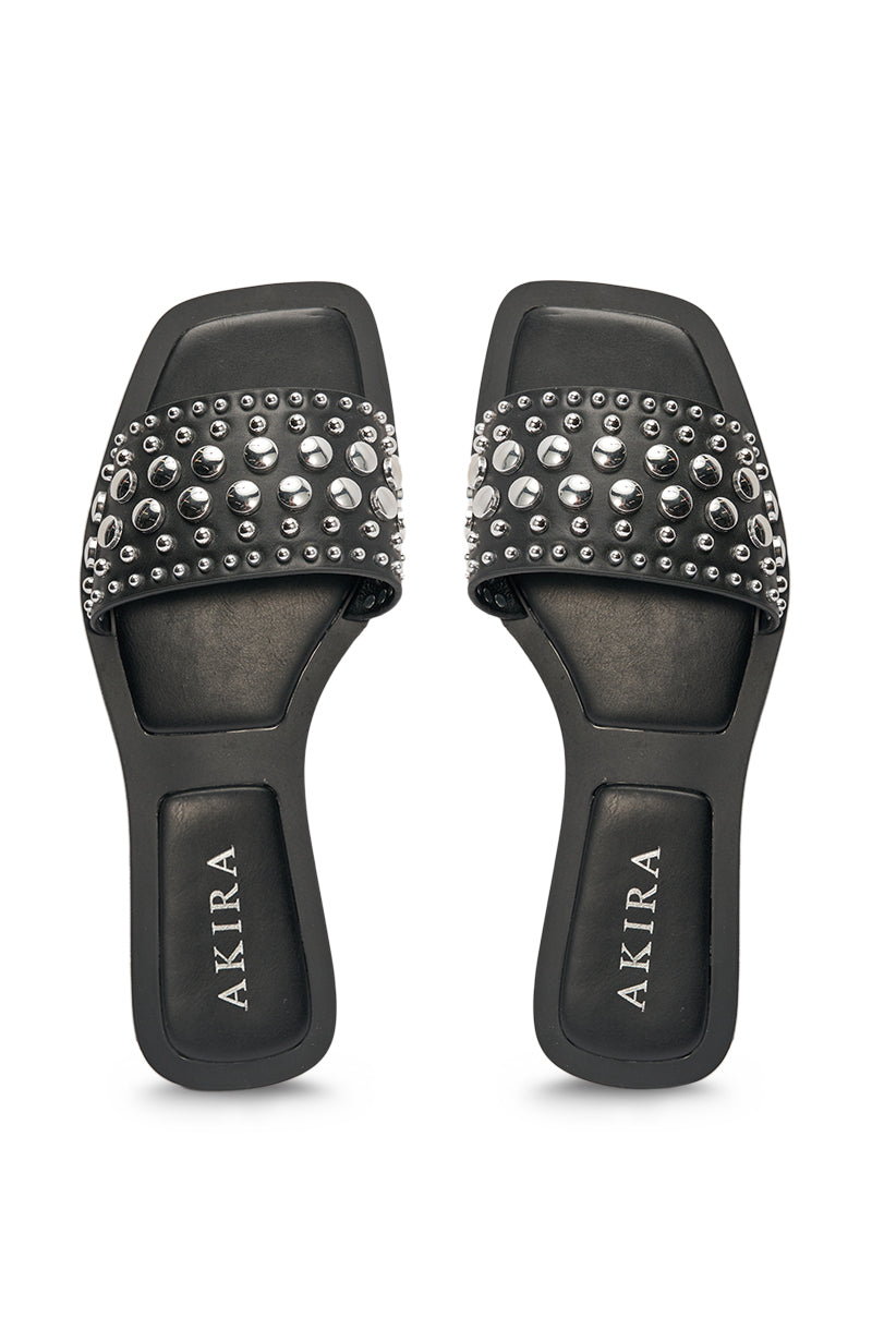 AKIRA DEVORA BLACK HARDWARE EMBELLISHED FLAT SLIP ON SANDAL