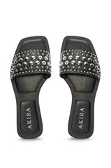 AKIRA DEVORA BLACK HARDWARE EMBELLISHED FLAT SLIP ON SANDAL