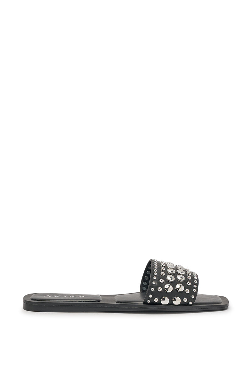 AKIRA DEVORA BLACK HARDWARE EMBELLISHED FLAT SLIP ON SANDAL