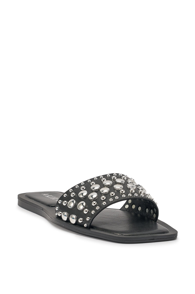 AKIRA DEVORA BLACK HARDWARE EMBELLISHED FLAT SLIP ON SANDAL