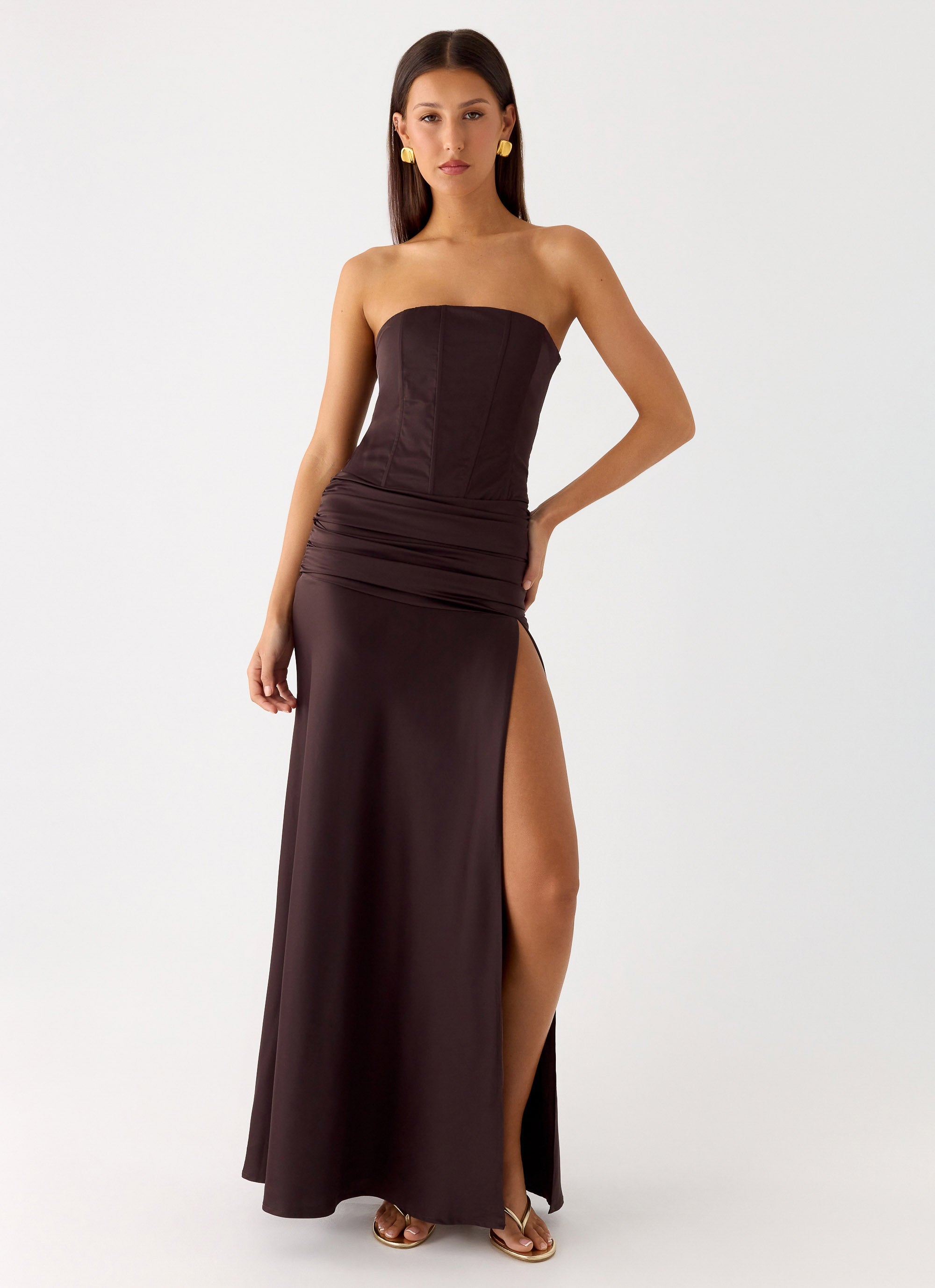 Darana Corset Satin Maxi Dress - Chocolate