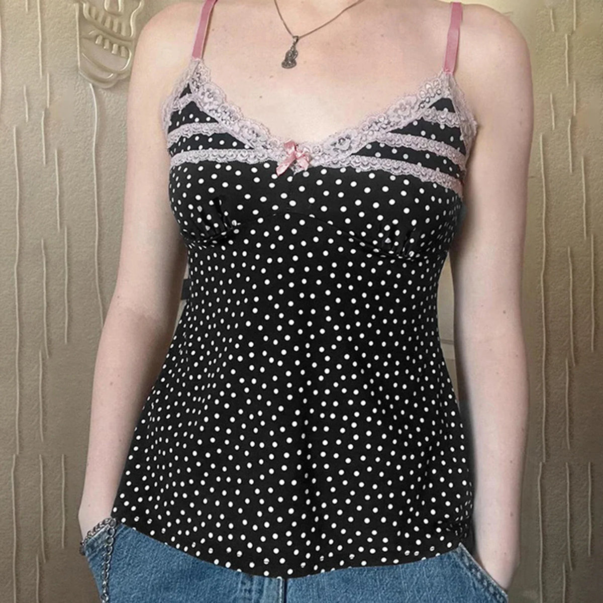 Polka Dot Bow Lace Crop Top