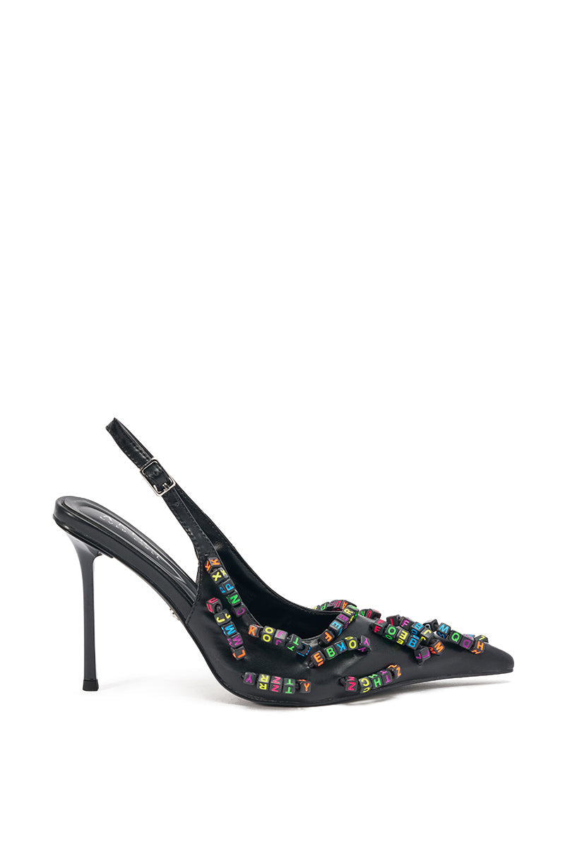 AKIRA LETTER BEAD EMBELLISHED SLING BACK NOVELTY PUMP