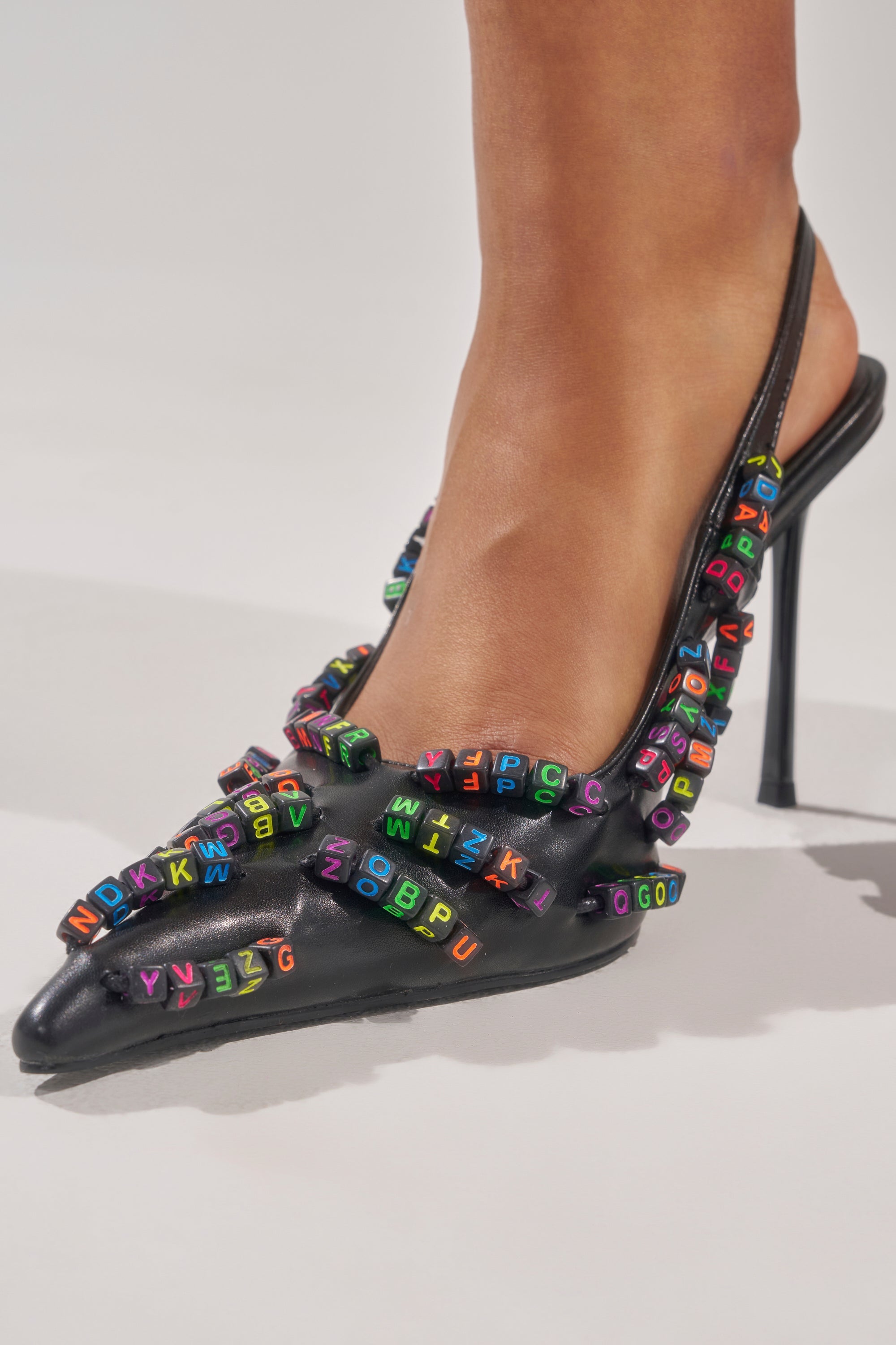 AKIRA LETTER BEAD EMBELLISHED SLING BACK NOVELTY PUMP