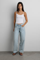 LINEN BLEND MID-RISE STRAIGHT LEG JEAN