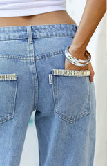 Kavira Light Wash Denim Diamante Trim Low Rise Jeans