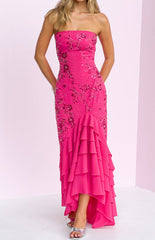Khai Pink Ruffle Maxi Scarf Beaded Dress