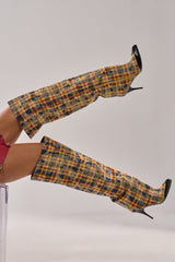 AKIRA WANG LOCHANA MULTI YELLOW PLAID FLANNEL SEXY BOOT