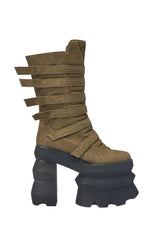 AKIRA GOLD MENACING OLIVE BLOCK PLATFORM BOOTIE