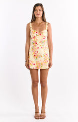 Marbelle Yellow Bloom Satin Mini Dress
