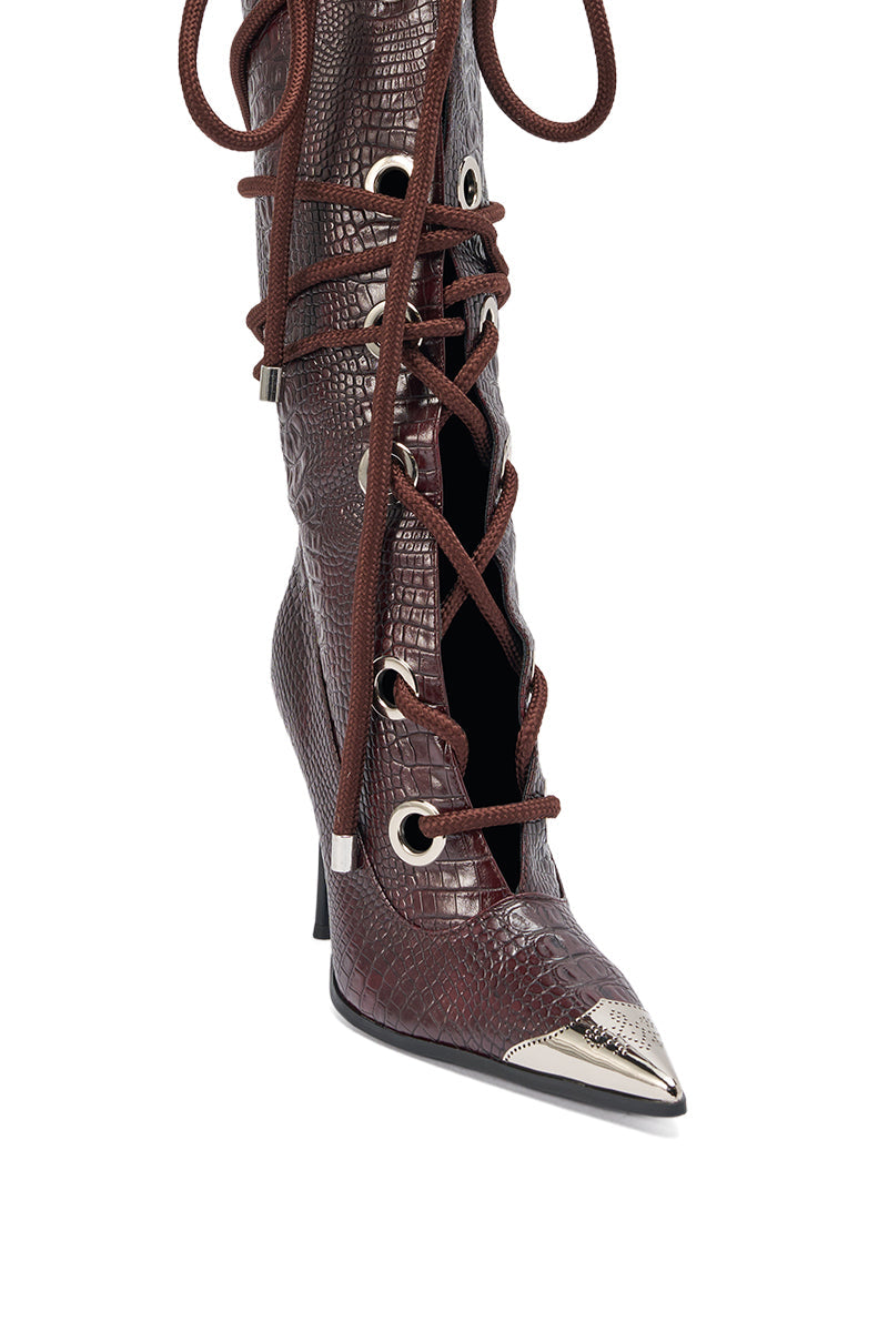 AKIRA GOLD PANTOUM CHOCOLATE CROC STILETTO BOOT