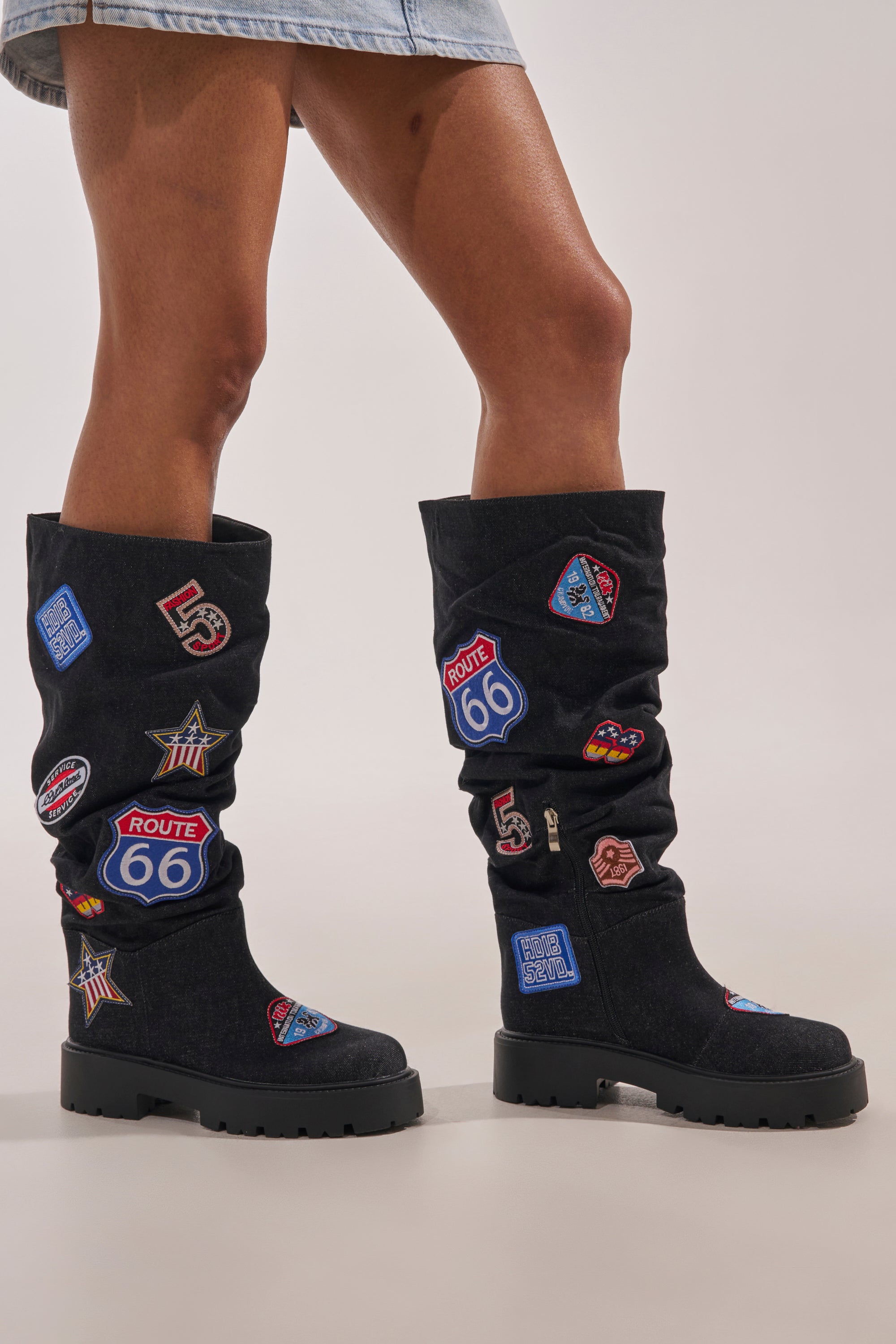 AKIRA GOLD POSTAL BLACK PATCHWORK FLAT BOOT