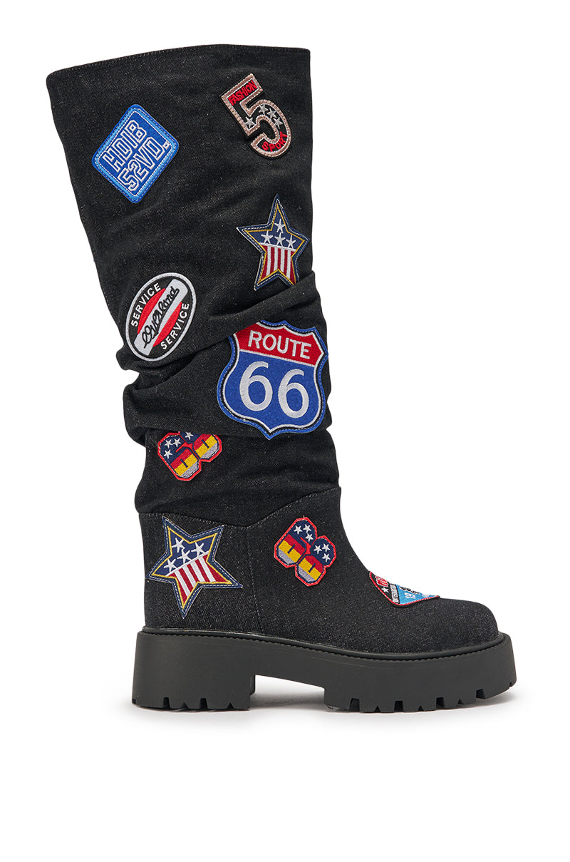 AKIRA GOLD POSTAL BLACK PATCHWORK FLAT BOOT
