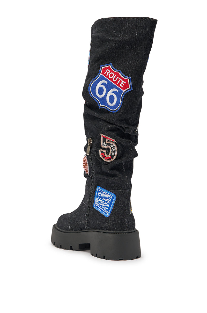 AKIRA GOLD POSTAL BLACK PATCHWORK FLAT BOOT