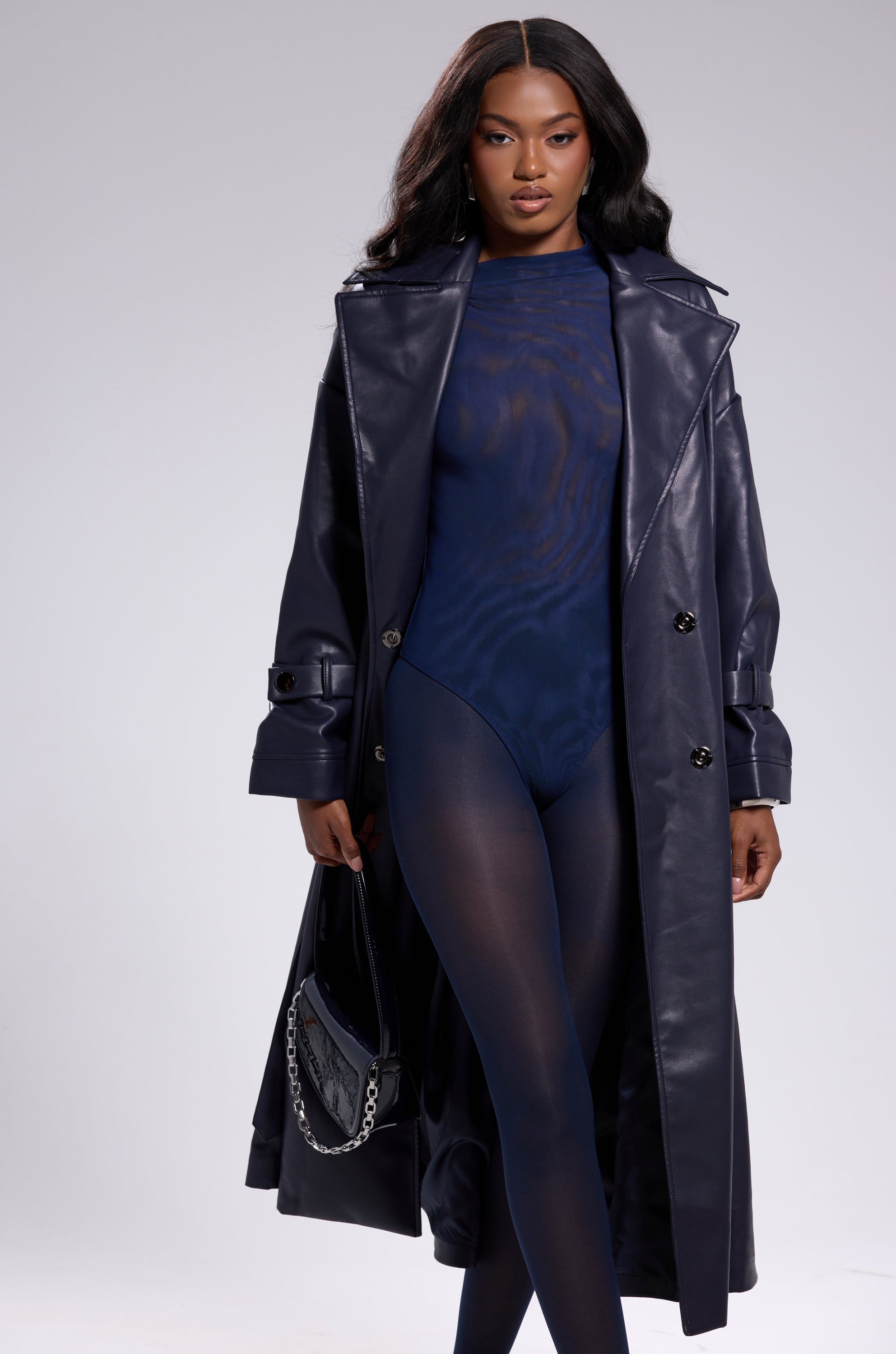 ALINNA FAUX LEATHER TRENCH IN NAVY