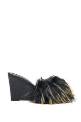 AKIRA GOLD RASHIDA NAVY MULTI WEDGE FUR SANDAL