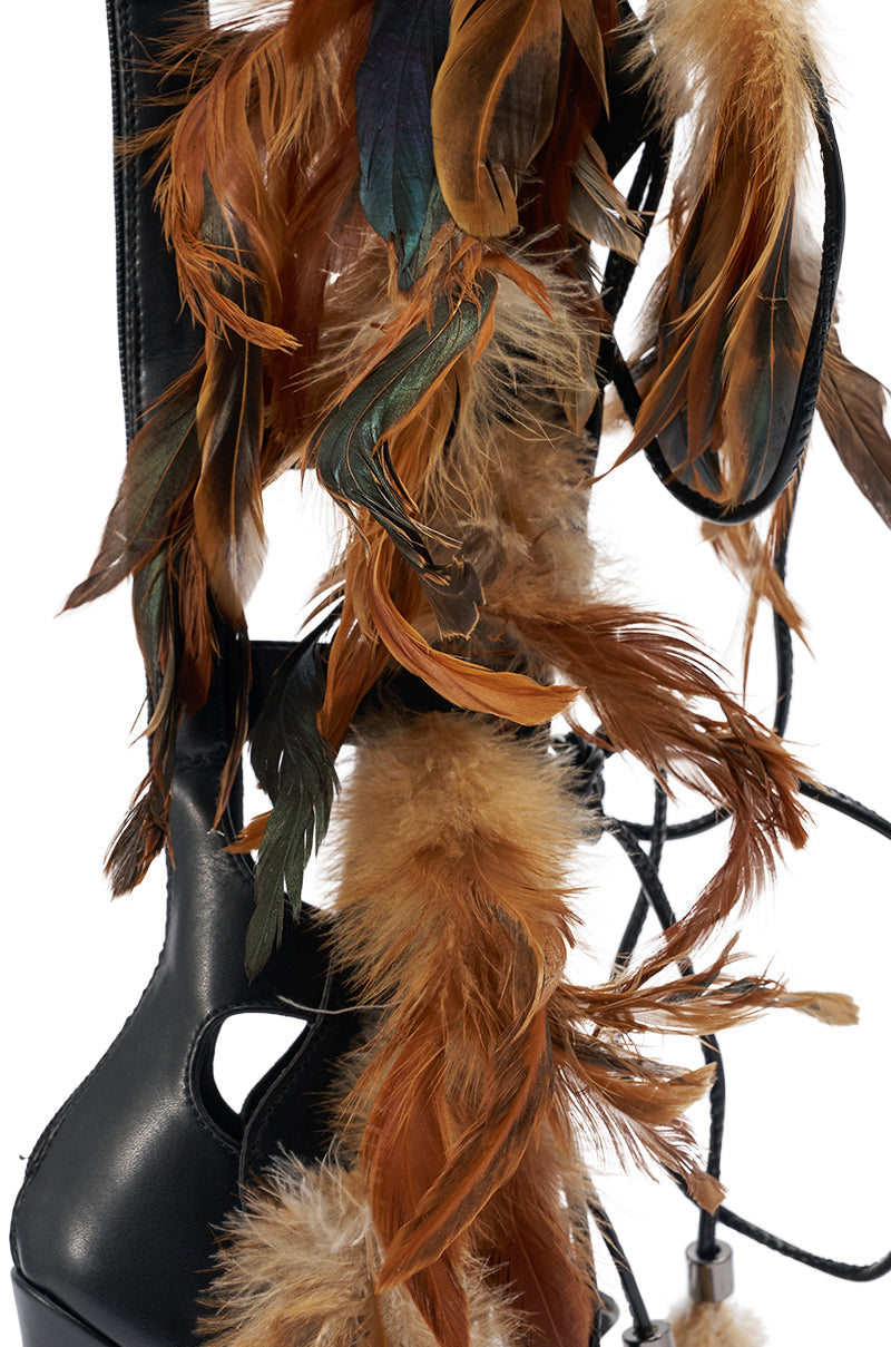 AKIRA GOLD RAYYA BLACK MULTI PU GLADIATOR FEATHER EMBELLISHED STILETTO SANDAL