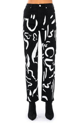 ABSTRACT PAINTED HIGH WAISTED WIDE LEG JEAN