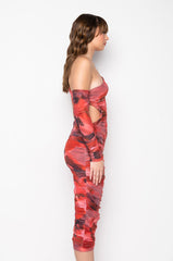 ABSTRACT PRINT MESH MIDI DRESS