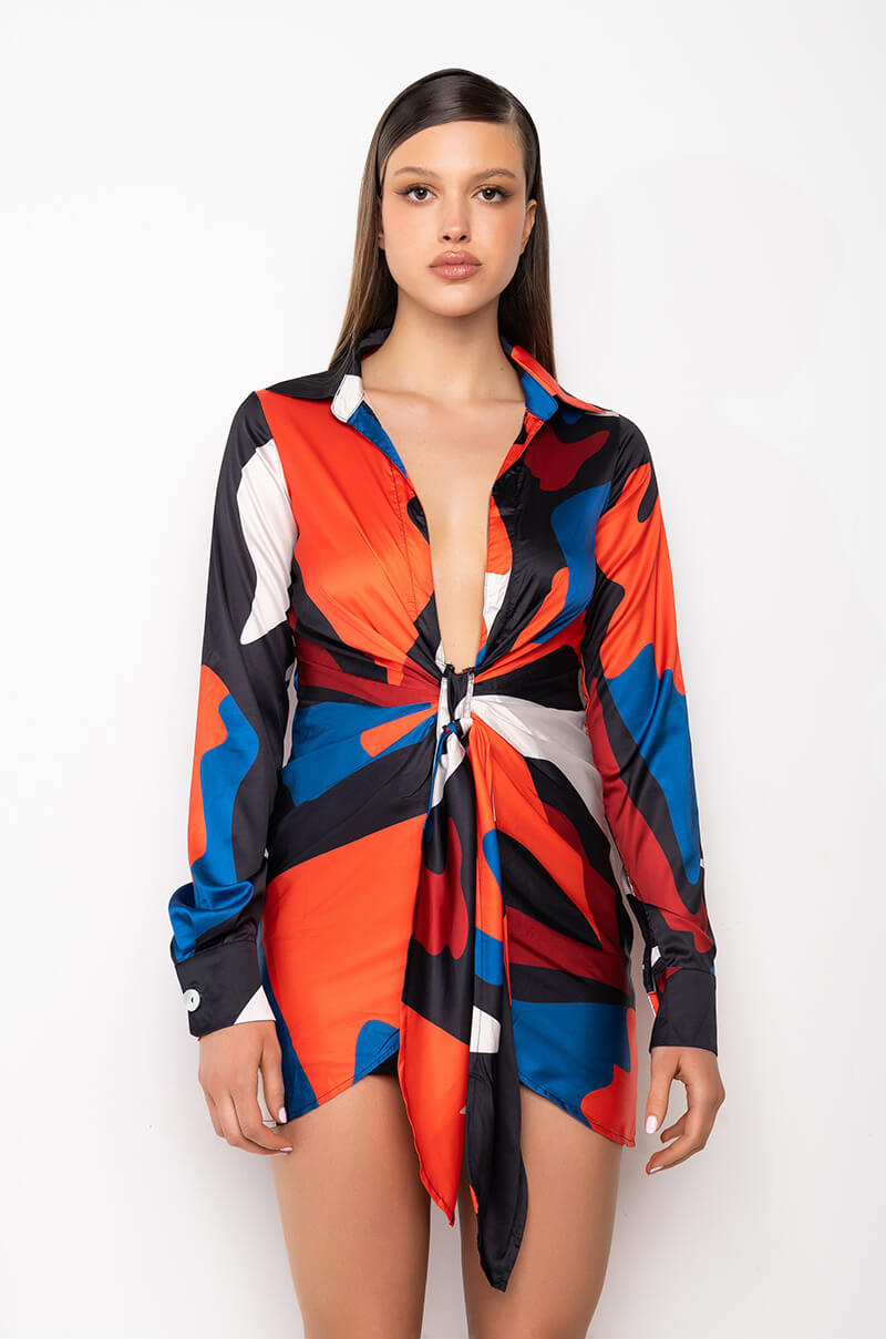 ABSTRACT SATIN SHIRT DRESS