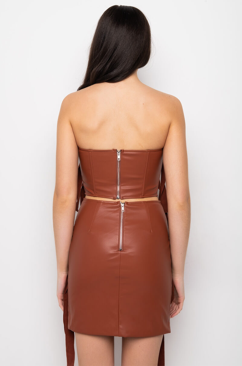 AFTER THE AFTER PARTY LACE UP FAUX LEATHER BUSTIER