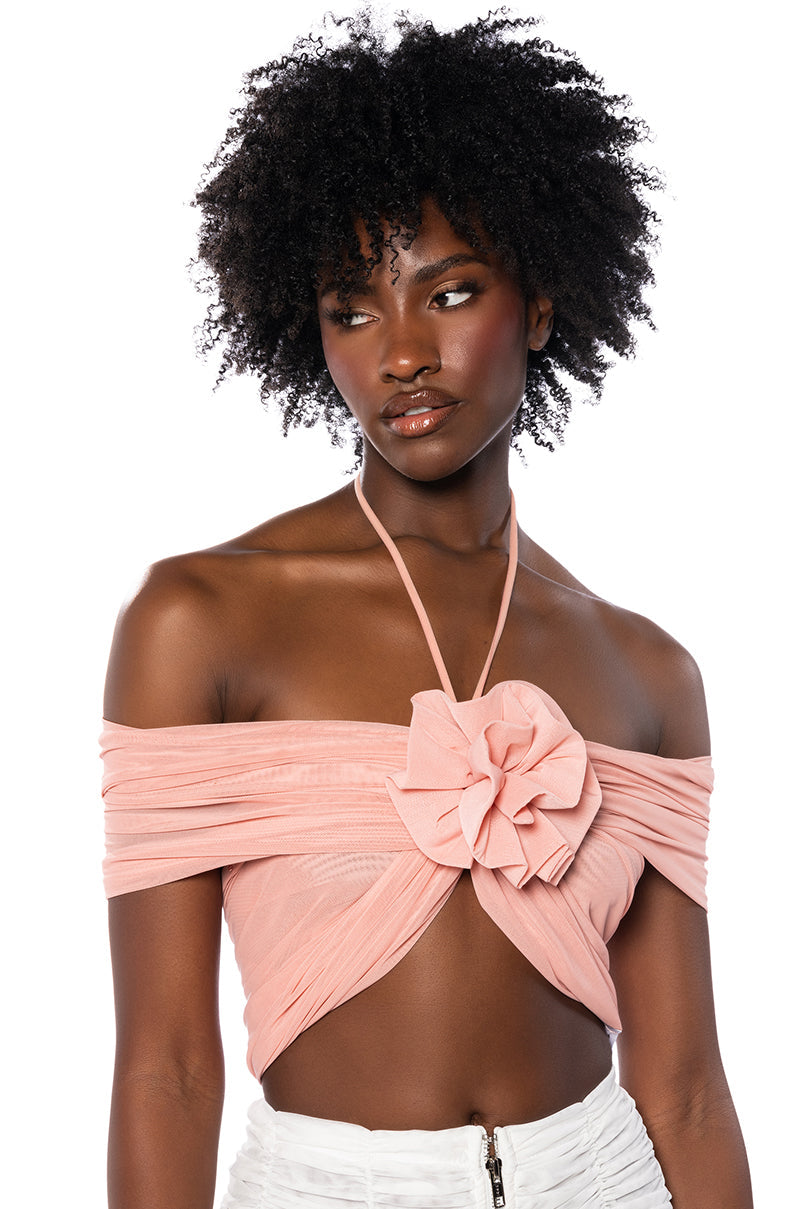 AIRA MESH OFF THE SHOULDER HALTER CROP TOP IN BLUSH PINK