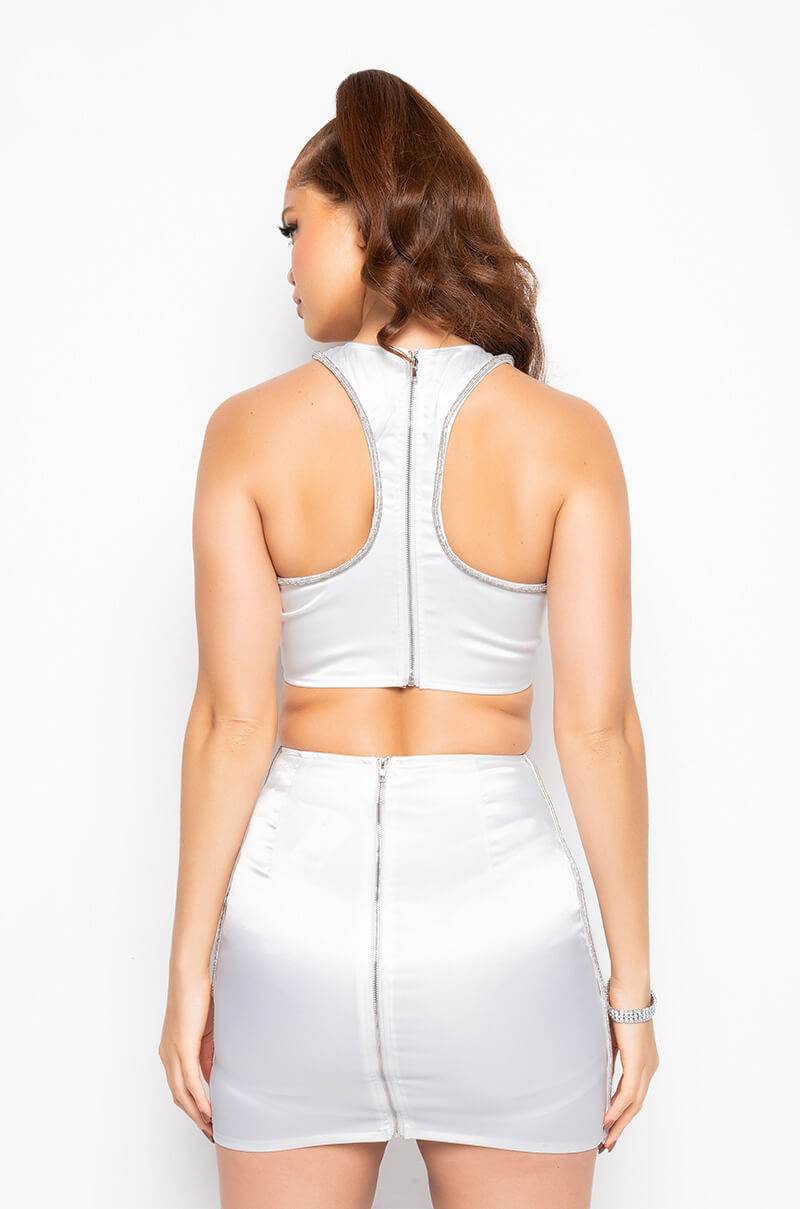 54321 SATIN RHINESTONE HALTER CROP TOP