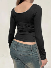 Basic Lace Trim Slim Square Collar Long Sleeve Knit Top