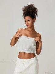 Bow Lace Smocked Strapless Backless Crop Bandeau Top