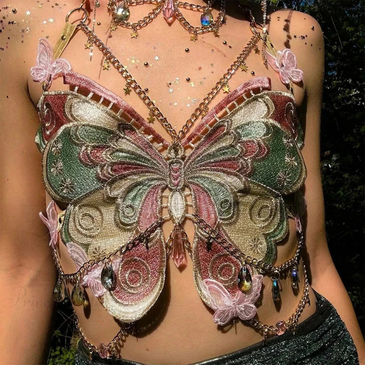 Butterfly Embroidered Crystal Chain Backless Crop Top