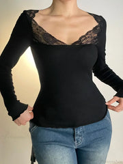 Casual Patchwork Lace Slim V-Neck Long Sleeve Knit Top