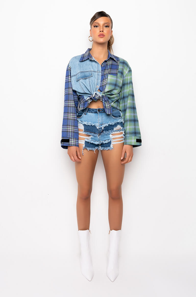 ALICE PATCHWORK DISTRESS HIGH RISE DENIM SHORTS