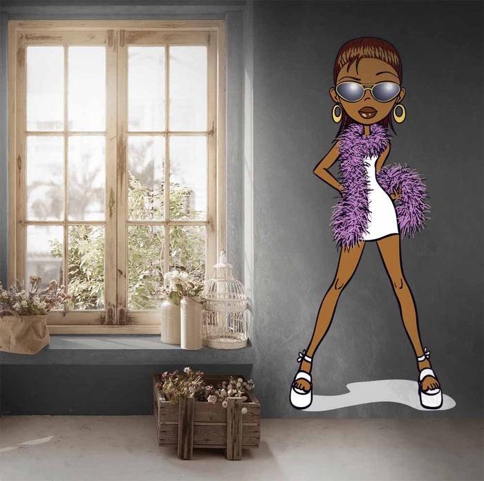 84 inch Diva Bat cartoon character wall decal with a purple boa installed near window with plants.