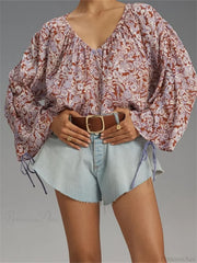Floral Tie-Up Flare Sleeve Boho Blouse