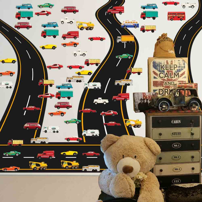 Matchbox Mania car decals installed on Wall with roads in kids room