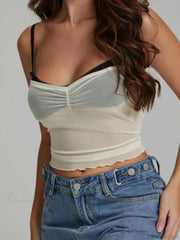 Mesh Ruched Color Patch Spaghetti Strap Crop Top