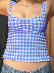 Plaid Low-cut Lace Backless Strap Tank Crop Top