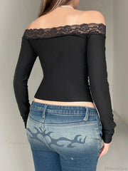 Solid Bow Patchwork Lace Slash Neck Long Sleeve Knit Top
