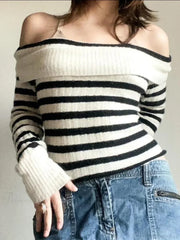 Striped Knitted Slash Neck Long Sleeve Basic Pullover Sweater