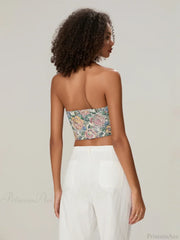 Vintage Floral Halterneck Bow Tied Front Deep V Crop Top